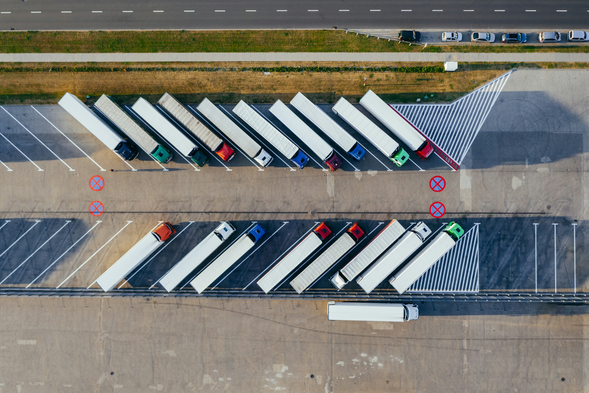 Drone photo of parked trucks